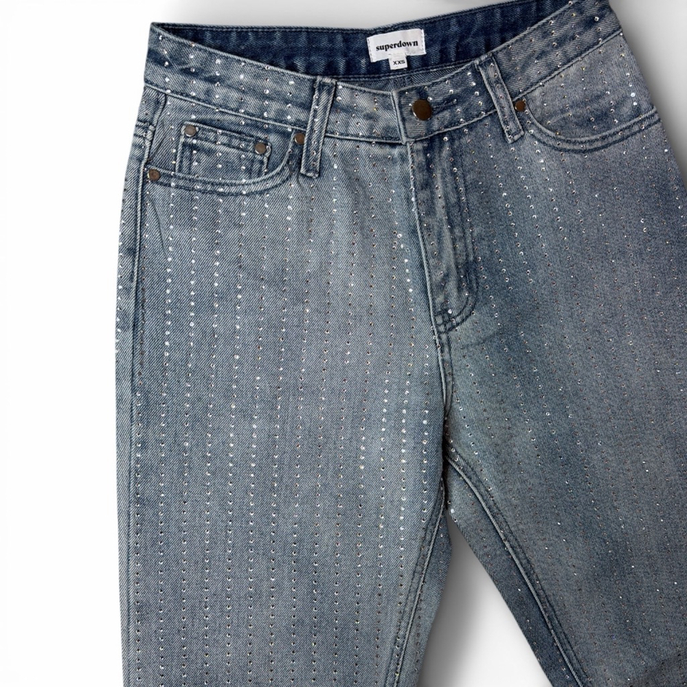 superdown Light Wash Crystal Embellished Straight Leg Jeans XXS - Picture 7 of 9